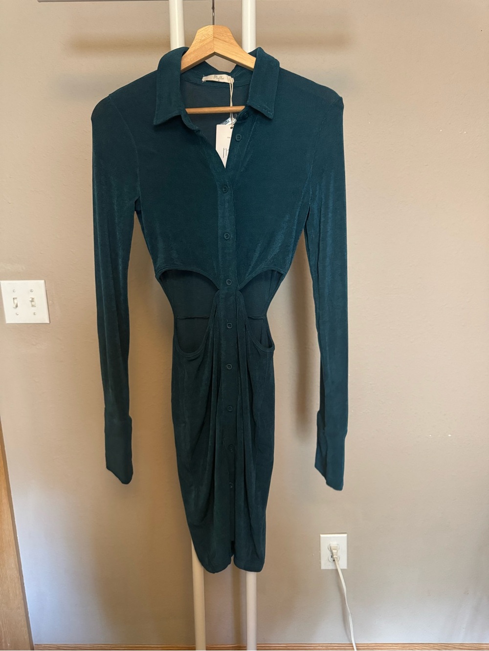 Long Sleeve Teal Cutout Button-Front Dress, M NWT